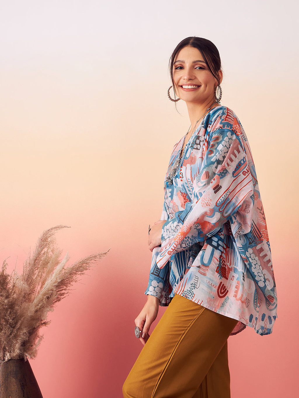 InWeave Women's Powder Blue Digital Print Kaftan Boho Top | Grocsy