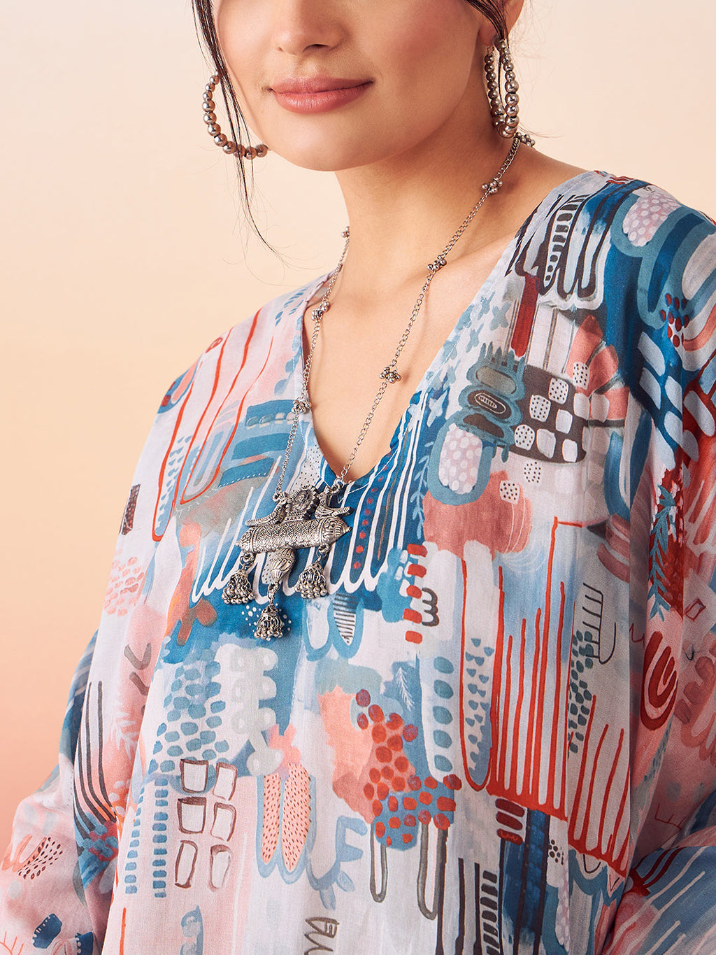 InWeave Women's Powder Blue Digital Print Kaftan Boho Top | Grocsy