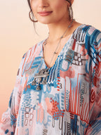 InWeave Women's Powder Blue Digital Print Kaftan Boho Top | Grocsy