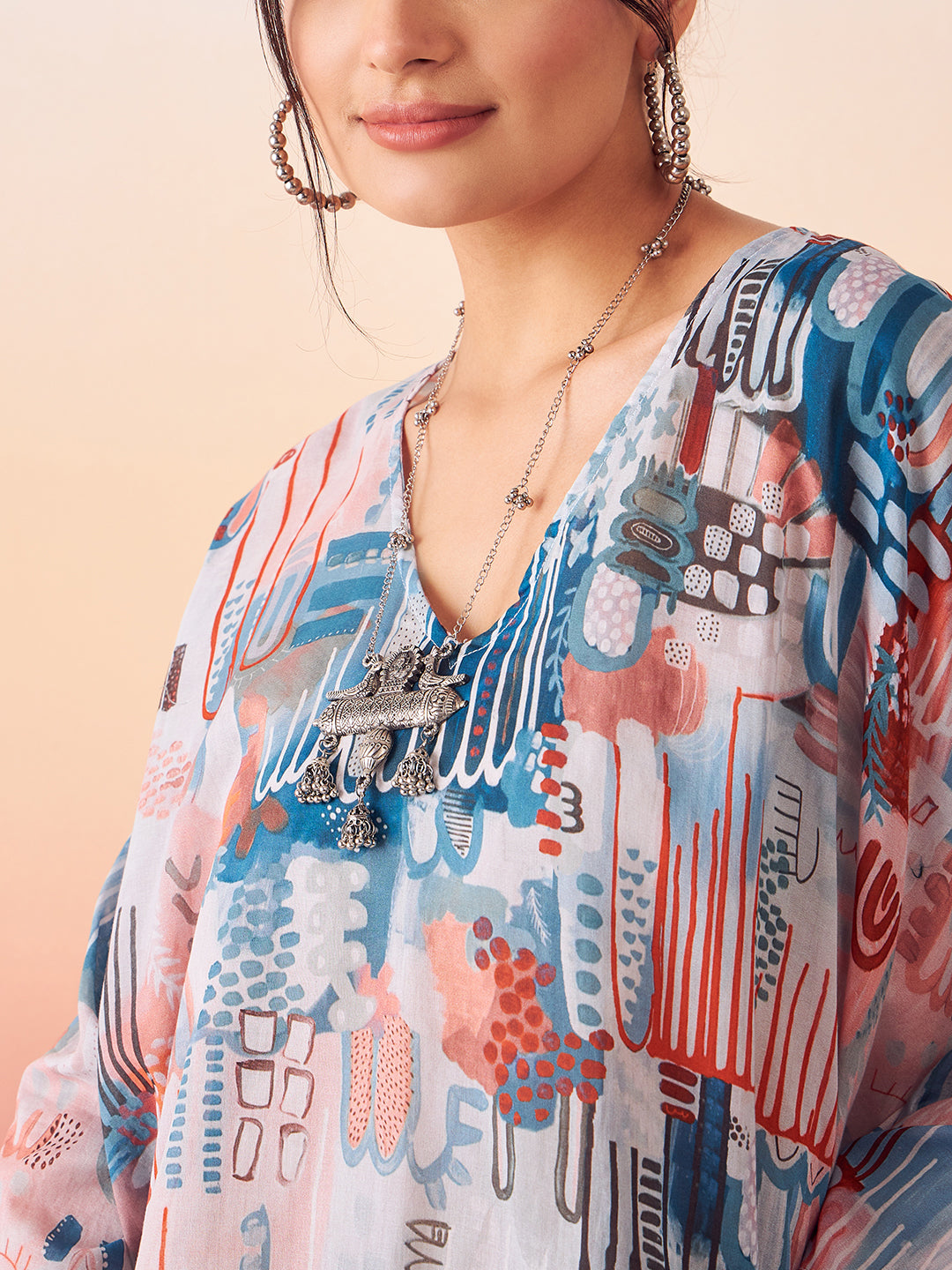 InWeave Women's Powder Blue Digital Print Kaftan Boho Top | Grocsy