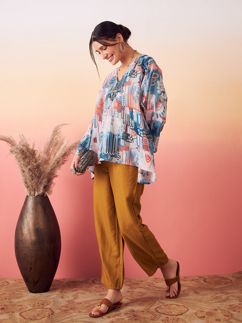 InWeave Women's Powder Blue Digital Print Kaftan Boho Top | Grocsy