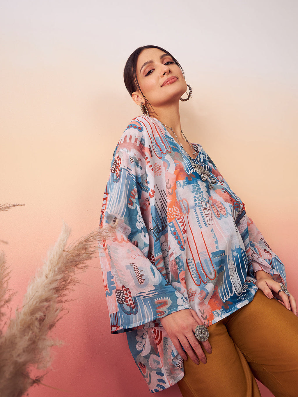 InWeave Women's Powder Blue Digital Print Kaftan Boho Top | Grocsy