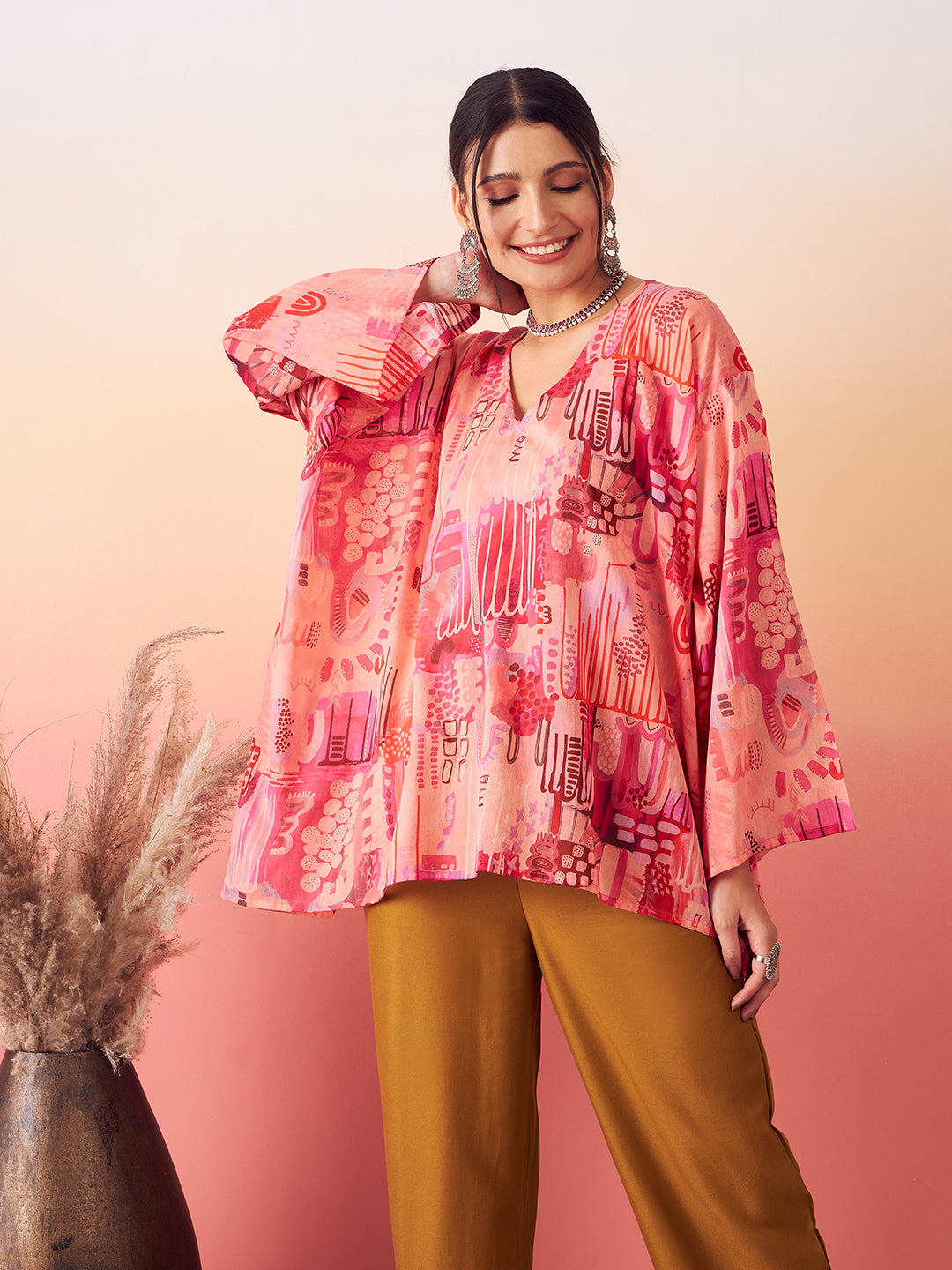 InWeave Women's Peach Red Digital Print Kaftan Boho Top | Grocsy