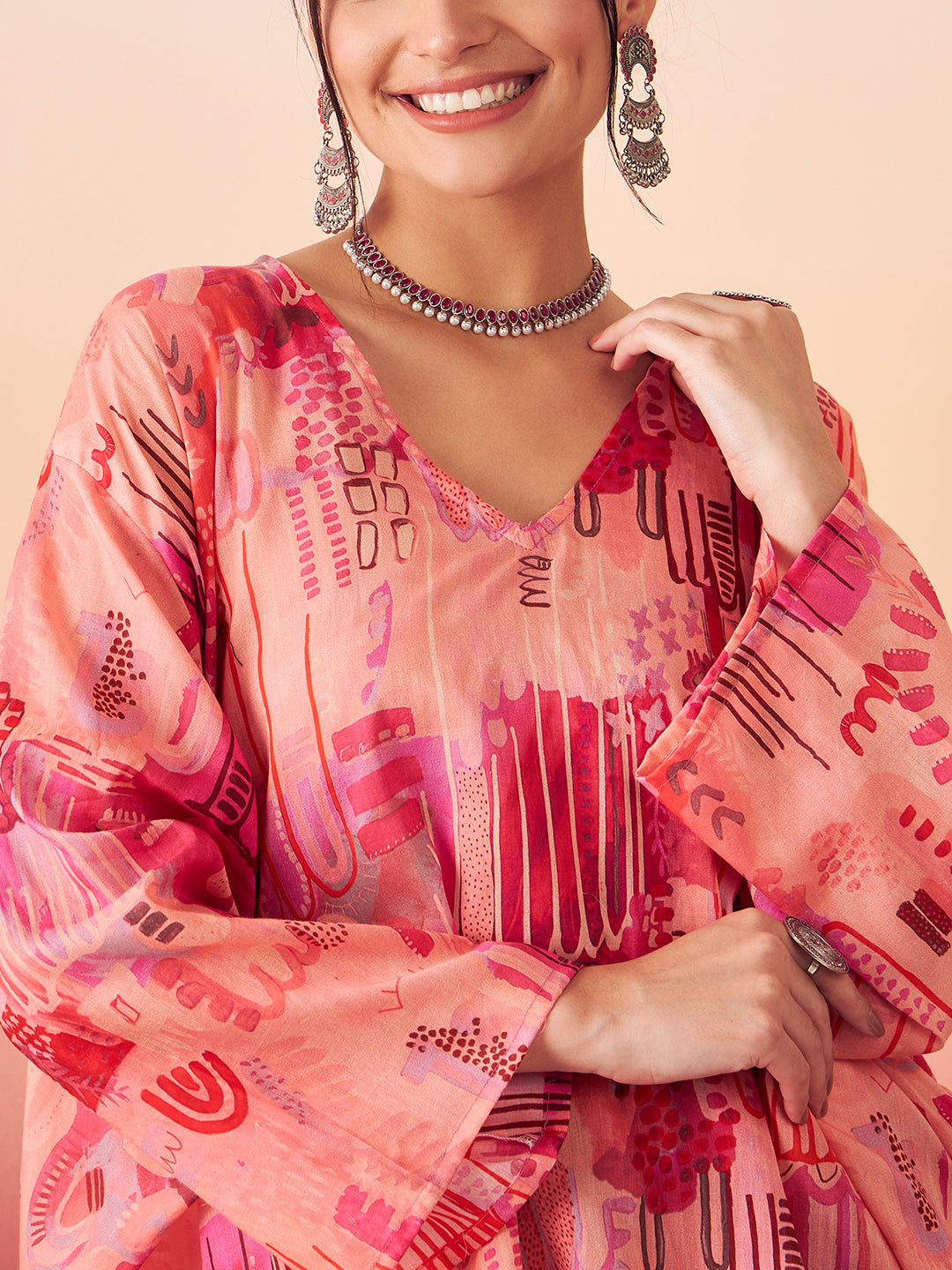 InWeave Women's Peach Red Digital Print Kaftan Boho Top | Grocsy