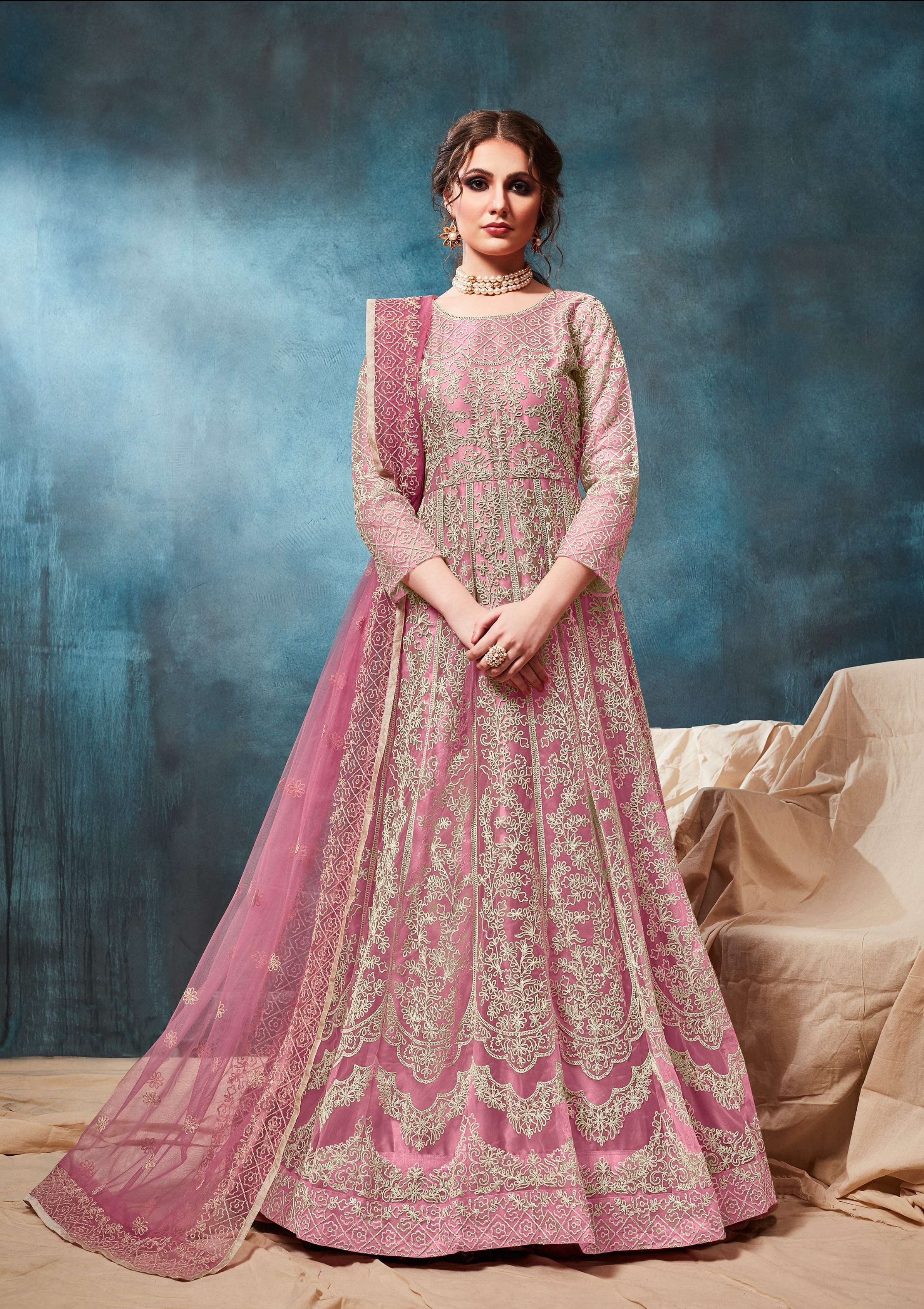 Anaita Pink Embroidered Net Anarkali Suit | Grocsy