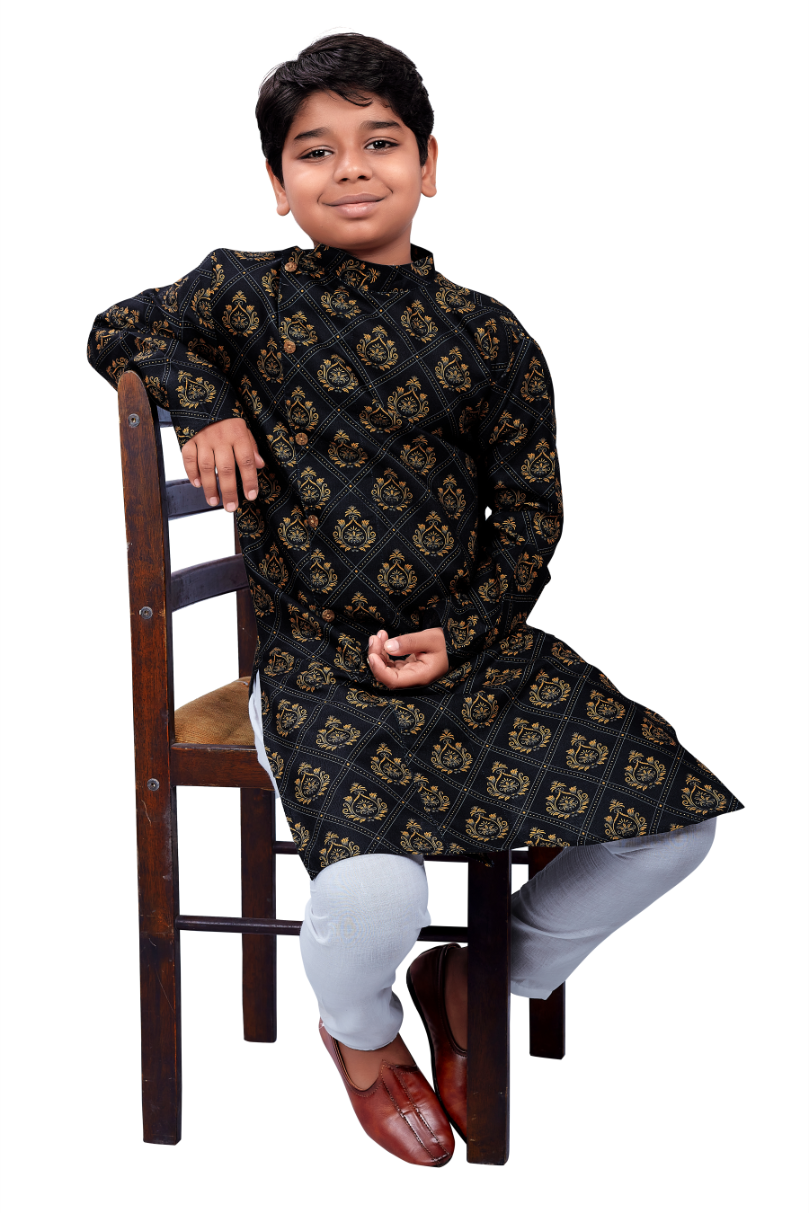 DEIANA'S Casual Designer Kurta Pyjama Set For Boys And kids (Black With Golden) | Grocsy