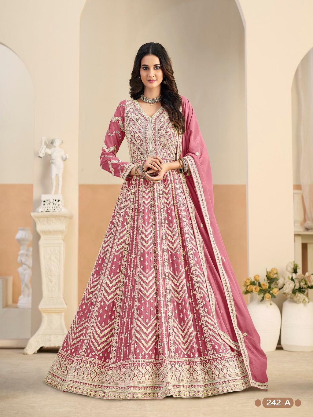 Anaita Pink Heavy Embroidered Faux Georgette Anarkali Suit With Salwar | Grocsy