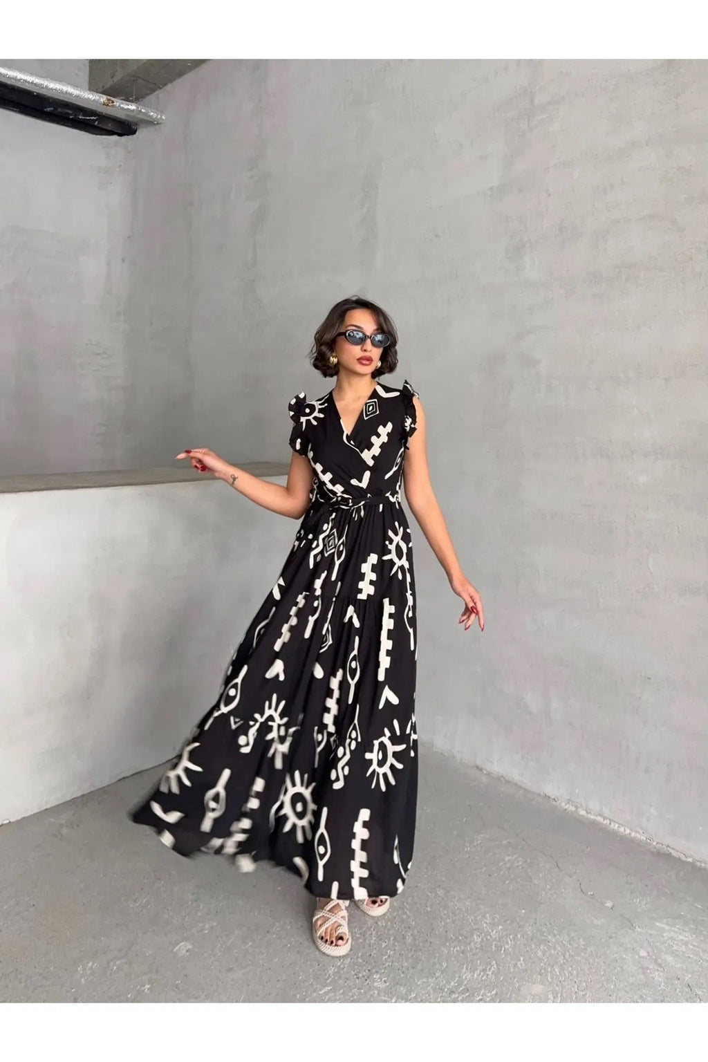 Pimu V-Neck Maxi Dress with Black Graphic Print | Grocsy