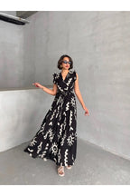 Pimu V-Neck Maxi Dress with Black Graphic Print | Grocsy