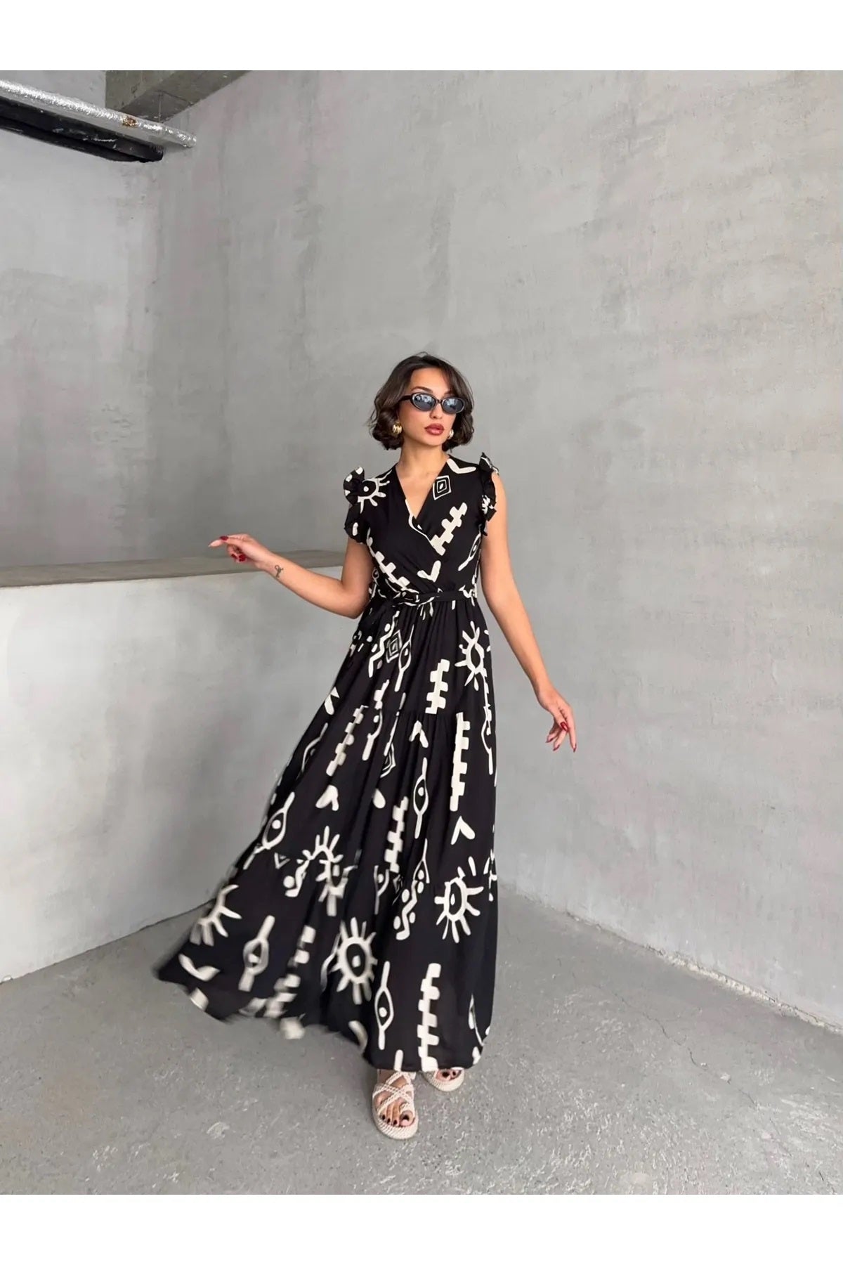 Pimu V-Neck Maxi Dress with Black Graphic Print | Grocsy