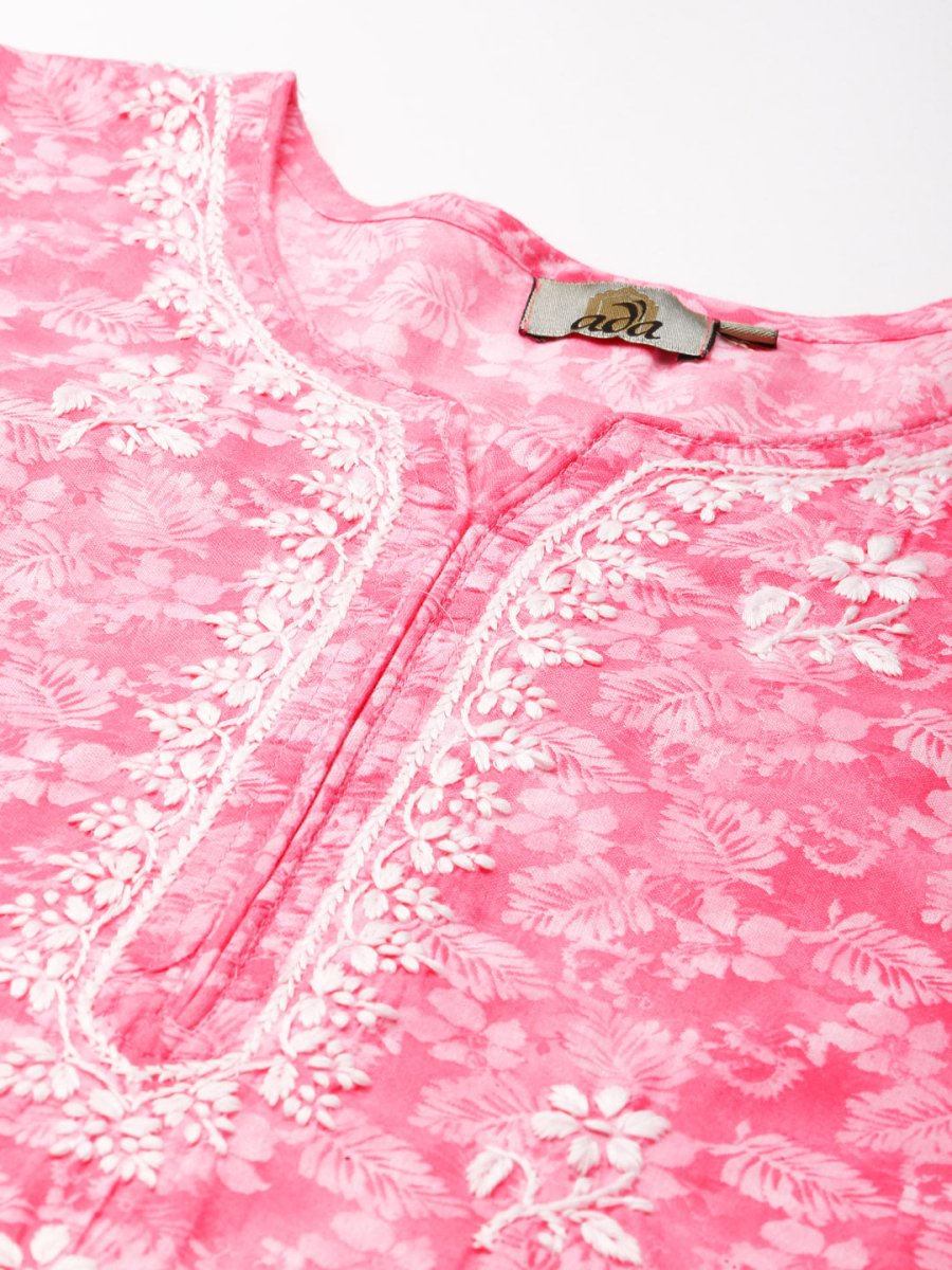 ADA Women Pink & White Floral Chikankari Cotton Handloom Kurta | Grocsy