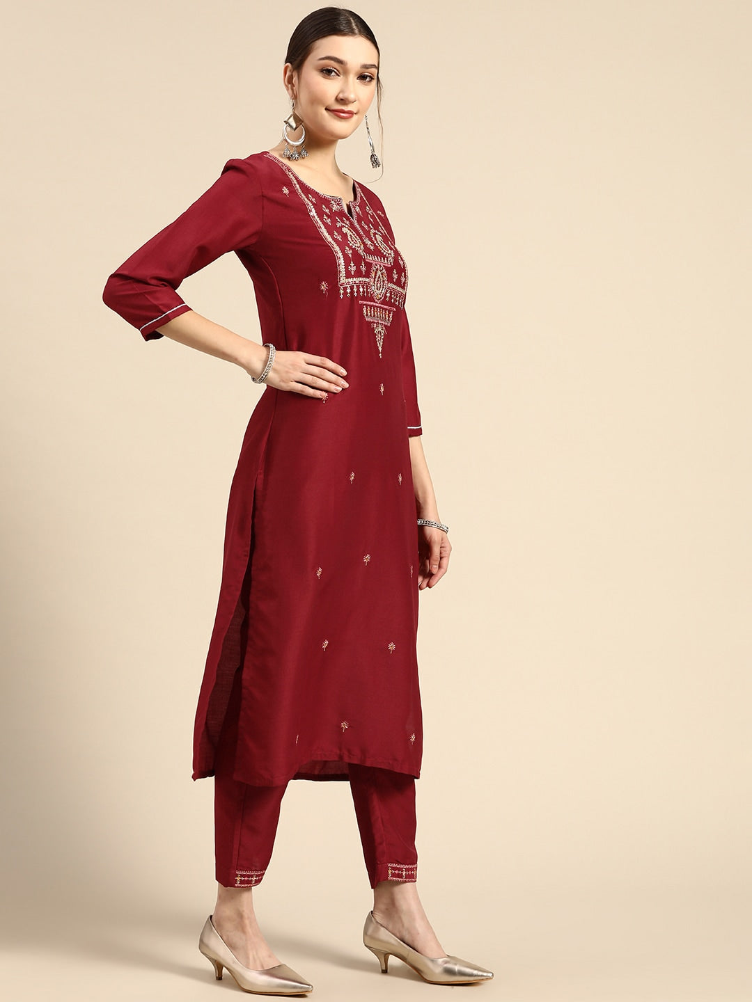 Sangria Women Red Ethnic Motifs Embroidered Pure Cotton Kurta with Trousers & With Dupatta | Grocsy