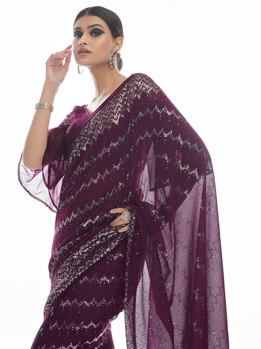 Myra Wine Georgette Embroidered Designer Saree | Grocsy