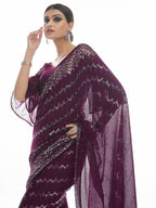 Myra Wine Georgette Embroidered Designer Saree | Grocsy