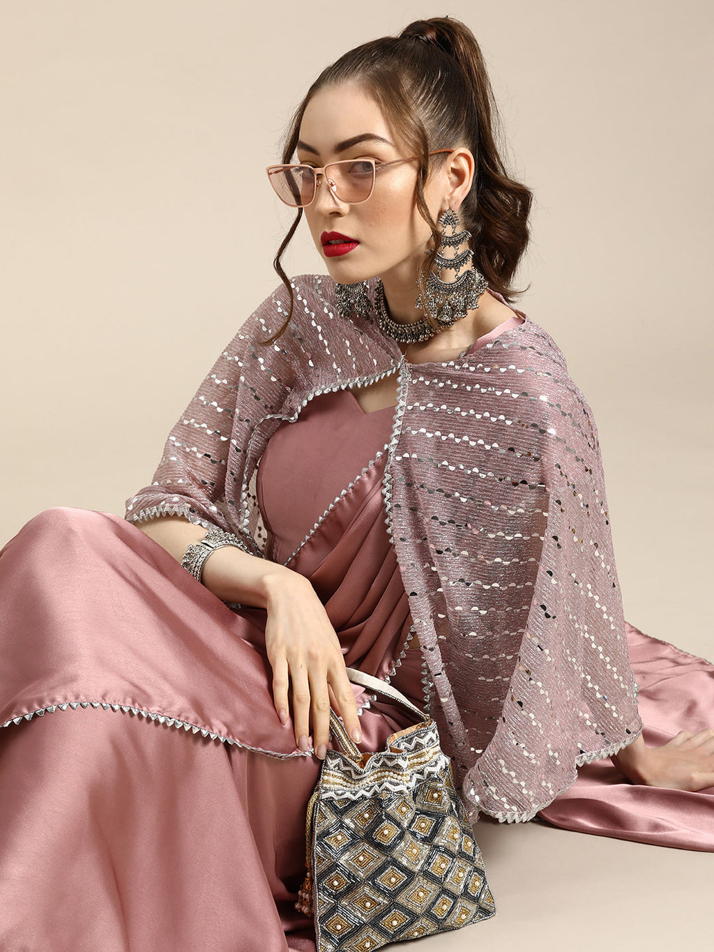Tikhi Imli Trendy Mauve Sleek Poly Crepe Saree with Embellished Border & Cape | Grocsy