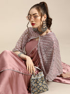 Tikhi Imli Trendy Mauve Sleek Poly Crepe Saree with Embellished Border & Cape | Grocsy