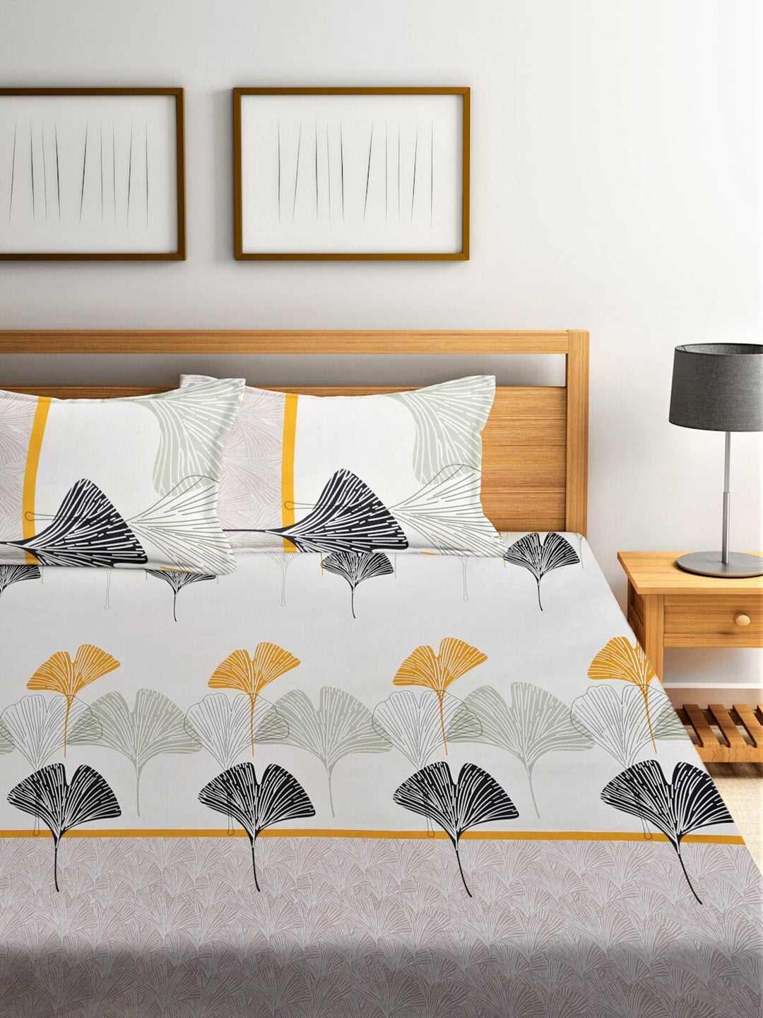Home Sizzler Grey & Yellow Floral 210 TC Queen Bedsheet with 2 Pillow Covers | Grocsy