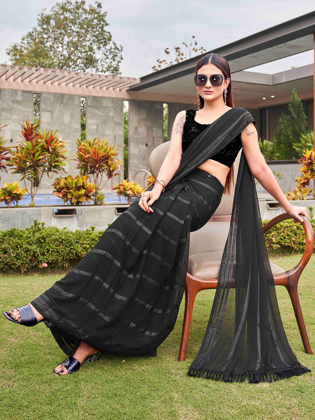 Tikhi Imli Black Striped Sequinned Saree | Grocsy