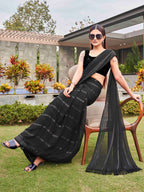 Tikhi Imli Black Striped Sequinned Saree | Grocsy