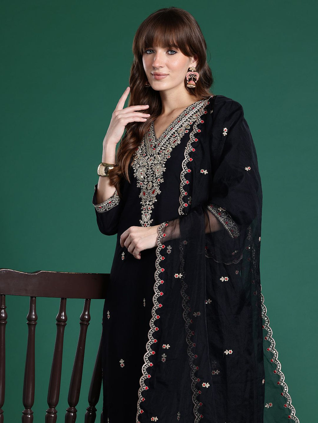 Indo Era Ethnic Motifs Embroidered Sequinned Kurta With Trousers & Dupatta | Grocsy
