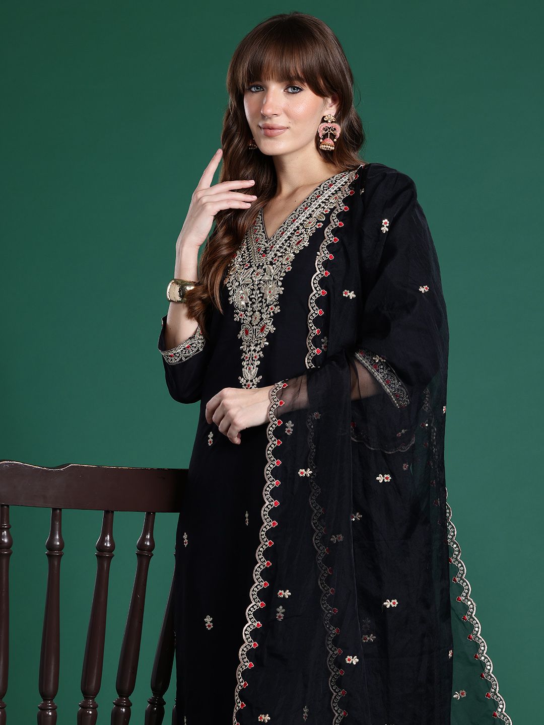 Indo Era Ethnic Motifs Embroidered Sequinned Kurta With Trousers & Dupatta | Grocsy
