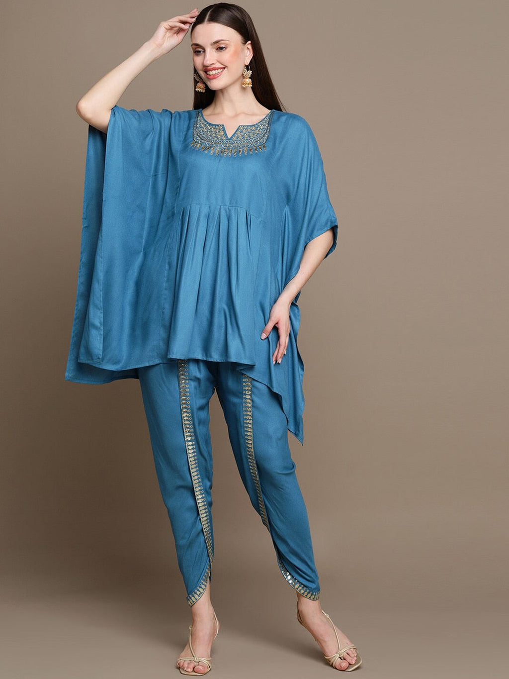HERE&NOW Floral Embroidered Sequined Kaftan Kurti with Dhoti Pants | Grocsy