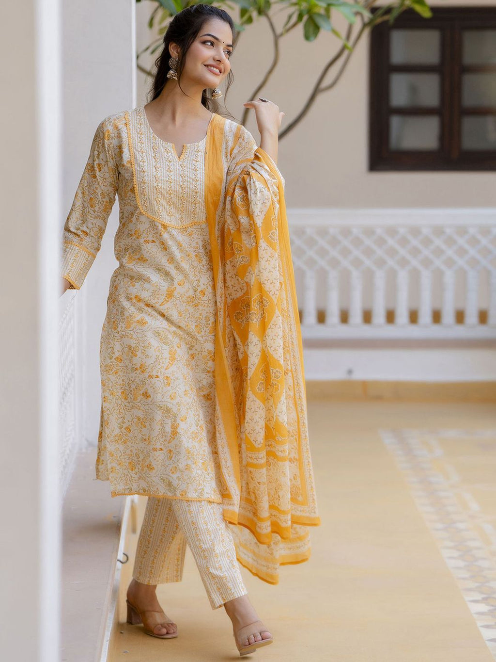 Anouk Women Floral Printed Regular Aari Work Pure Cotton Kurta with Palazzos & With Dupatta | Grocsy