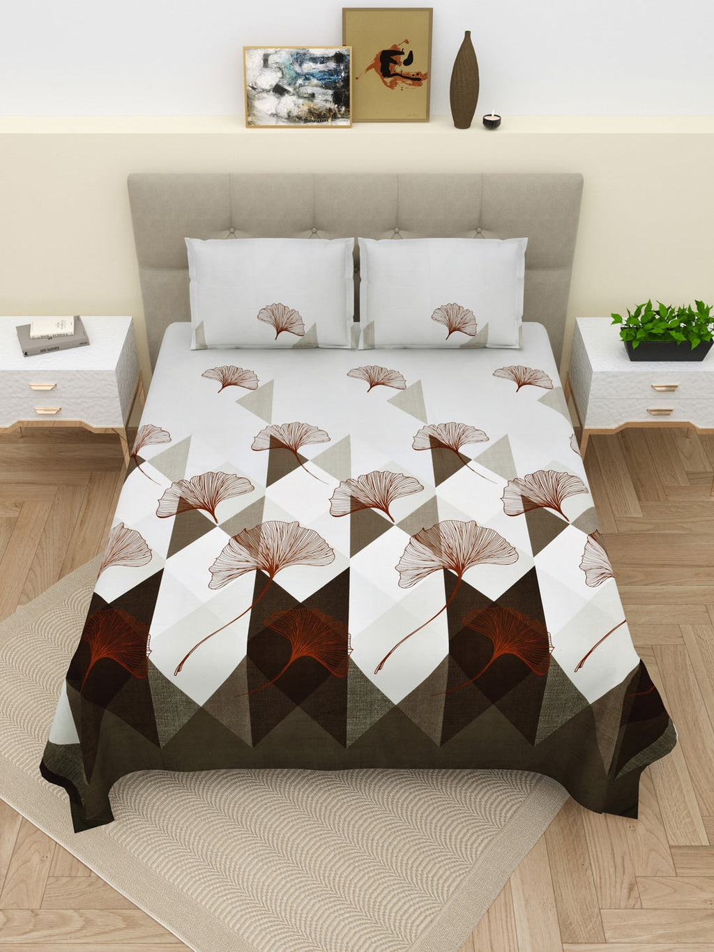 DREAM WEAVERZ Grey & White Geometric Cotton 220 TC Super King Bedsheet & 2 Pillow Covers | Grocsy