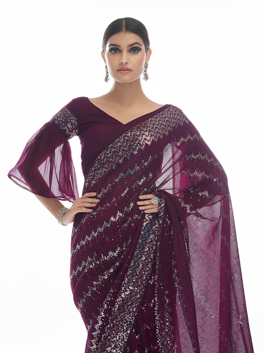 Myra Wine Georgette Embroidered Designer Saree | Grocsy