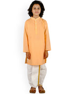 Sethukrishna Boys Orange Embroidered Pure Cotton Kurta with Churidar | Grocsy
