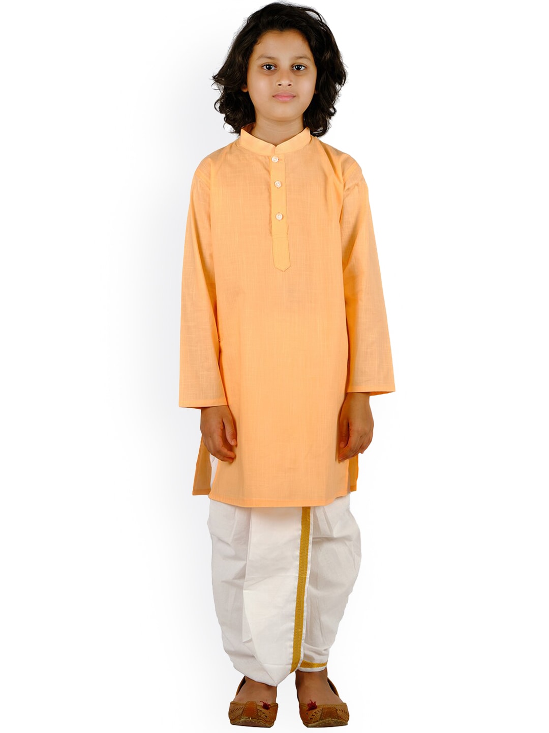 Sethukrishna Boys Orange Embroidered Pure Cotton Kurta with Churidar | Grocsy