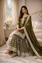 Teeya Creation Mehendi Fendy Satin Heavy Embrodiery Work Wedding Wear Salwar Suit | Grocsy