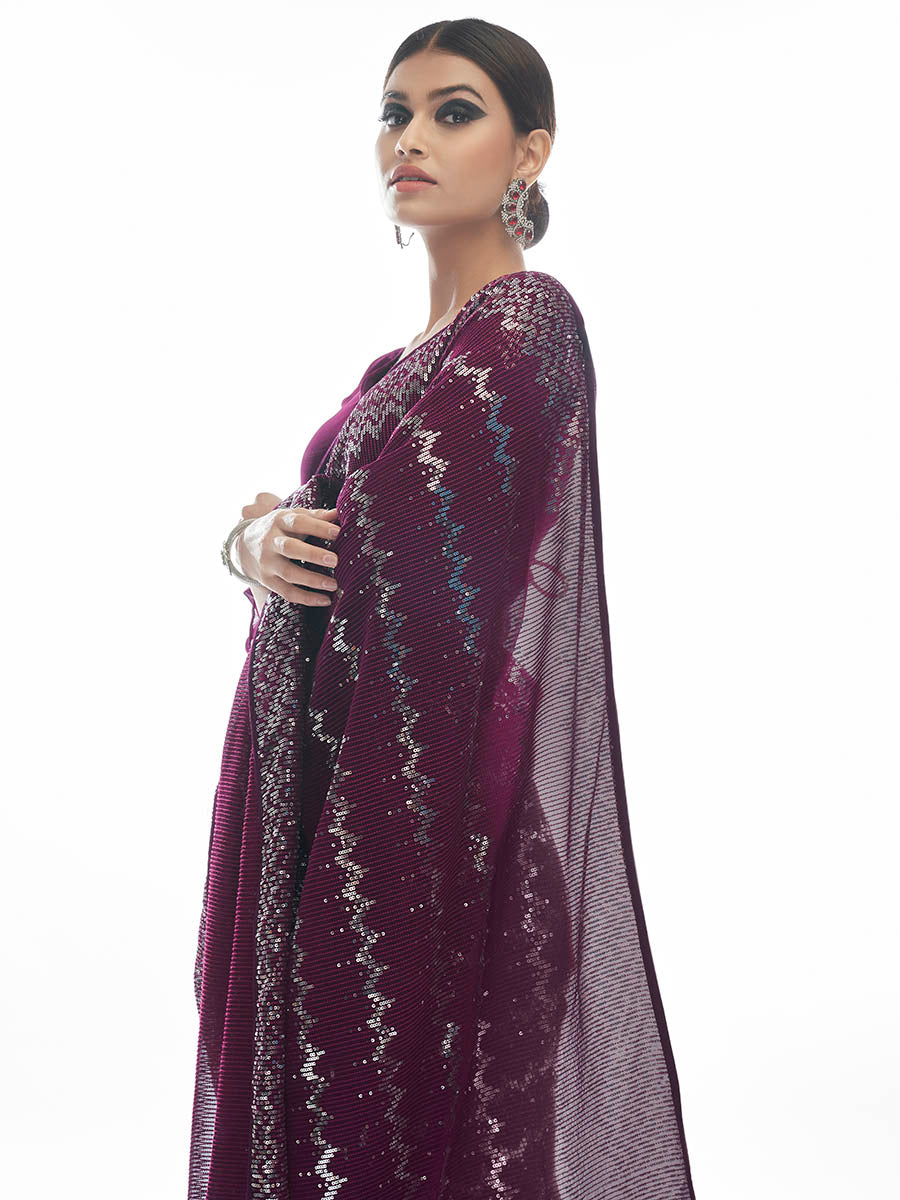 Myra Wine Georgette Embroidered Designer Saree | Grocsy