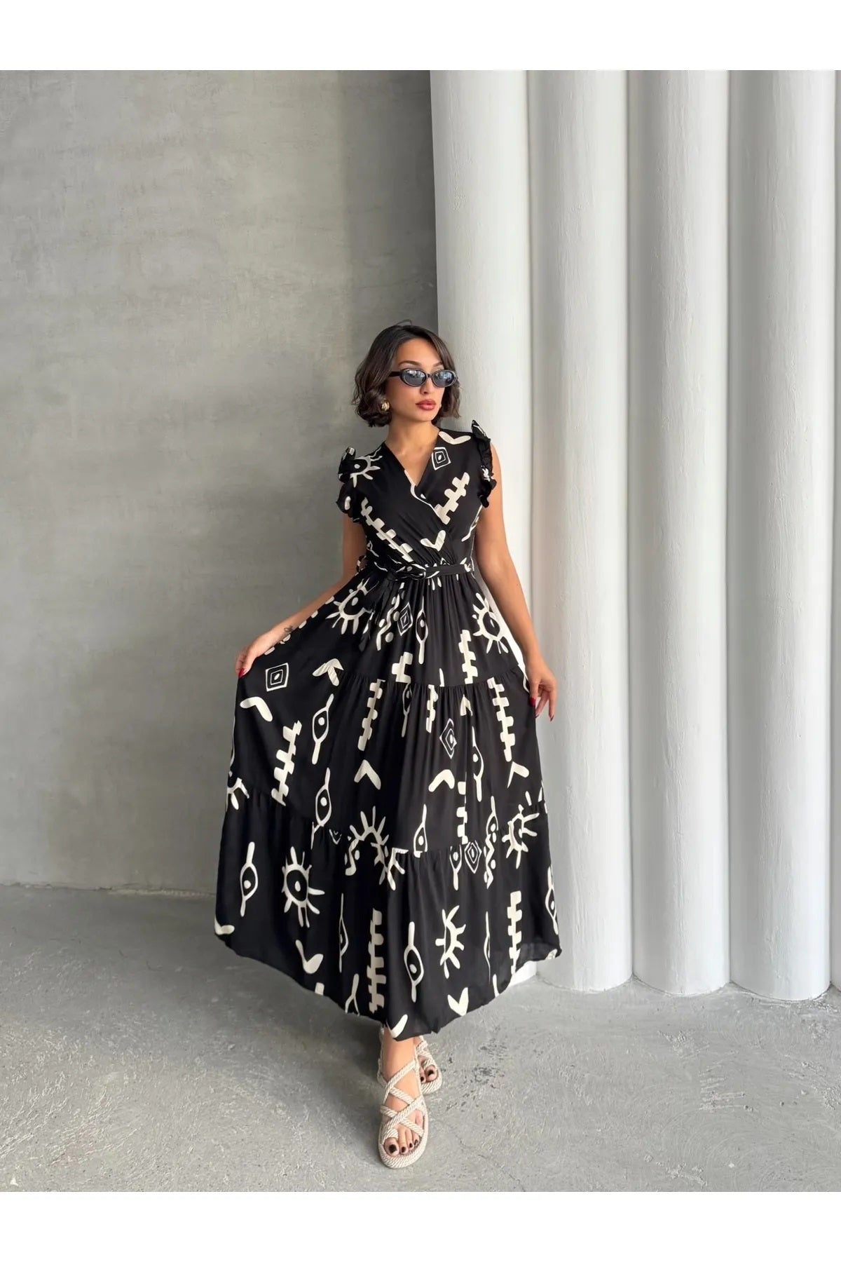 Pimu V-Neck Maxi Dress with Black Graphic Print | Grocsy