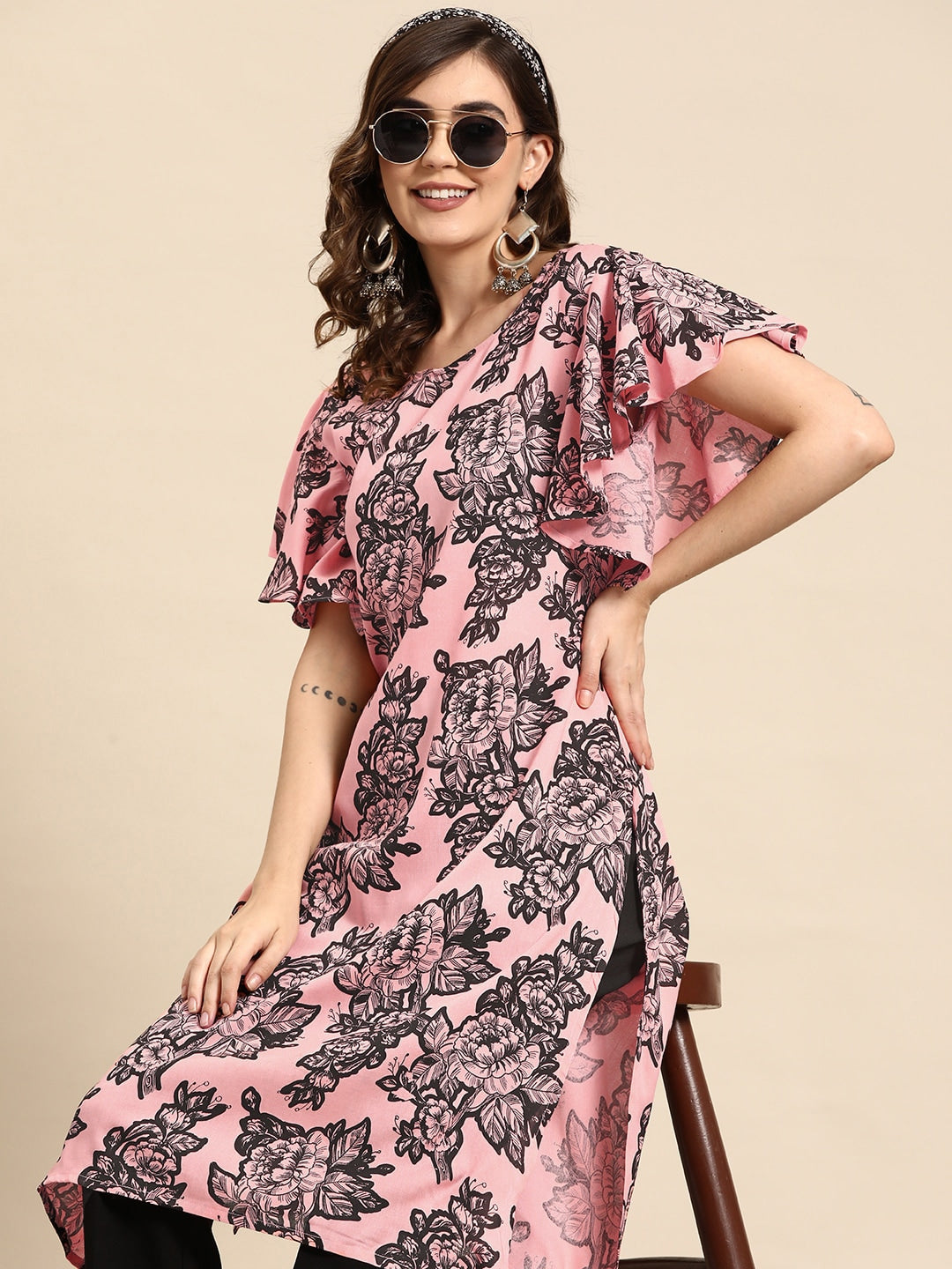 Sangria Floral Print Flutter Sleeves Kurta | Grocsy