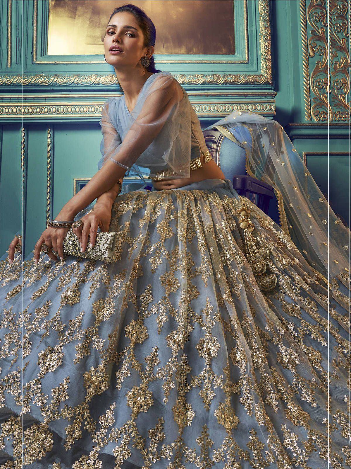 Tulsi Art Grey Sequins Soft Net Party Wear Lehenga Choli | Grocsy