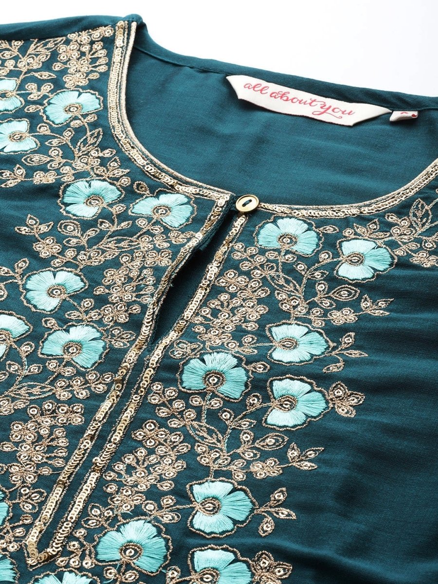 All About You Ethnic Motifs Embroidered Yoke Design Regular Sequinned Kurta with Palazzos | Grocsy
