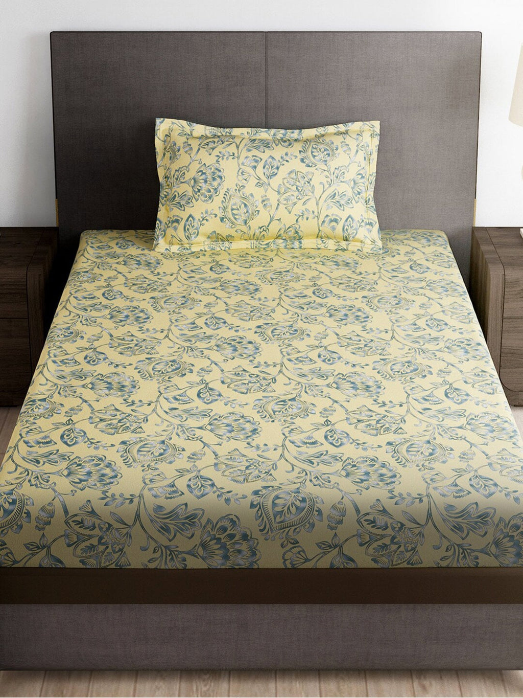 Story@home Cream-Coloured & Grey Floral Microfiber 180 TC Bedsheet & Pillow Cover | Grocsy