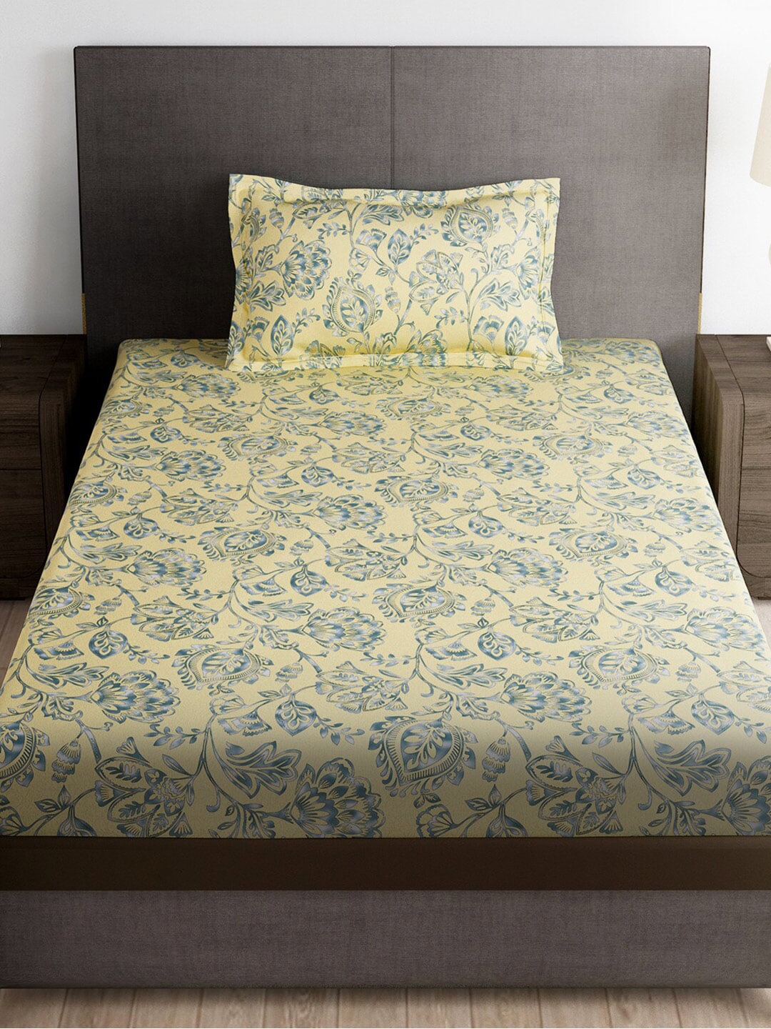 Story@home Cream-Coloured & Grey Floral Microfiber 180 TC Bedsheet & Pillow Cover | Grocsy