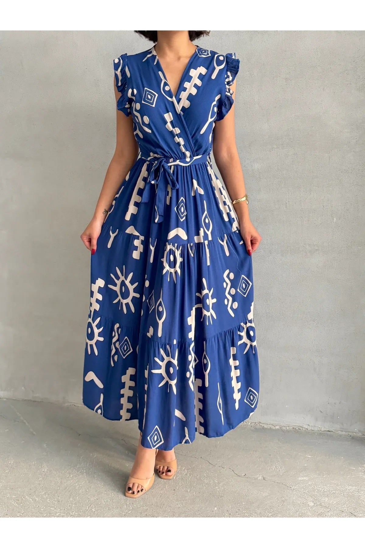 Pimu V-Neck Maxi Dress with Royal-Blue Graphic Print | Grocsy