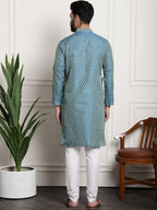 Sojanya Men Blue & Off-White Woven Design Kurta with Churidar | Grocsy