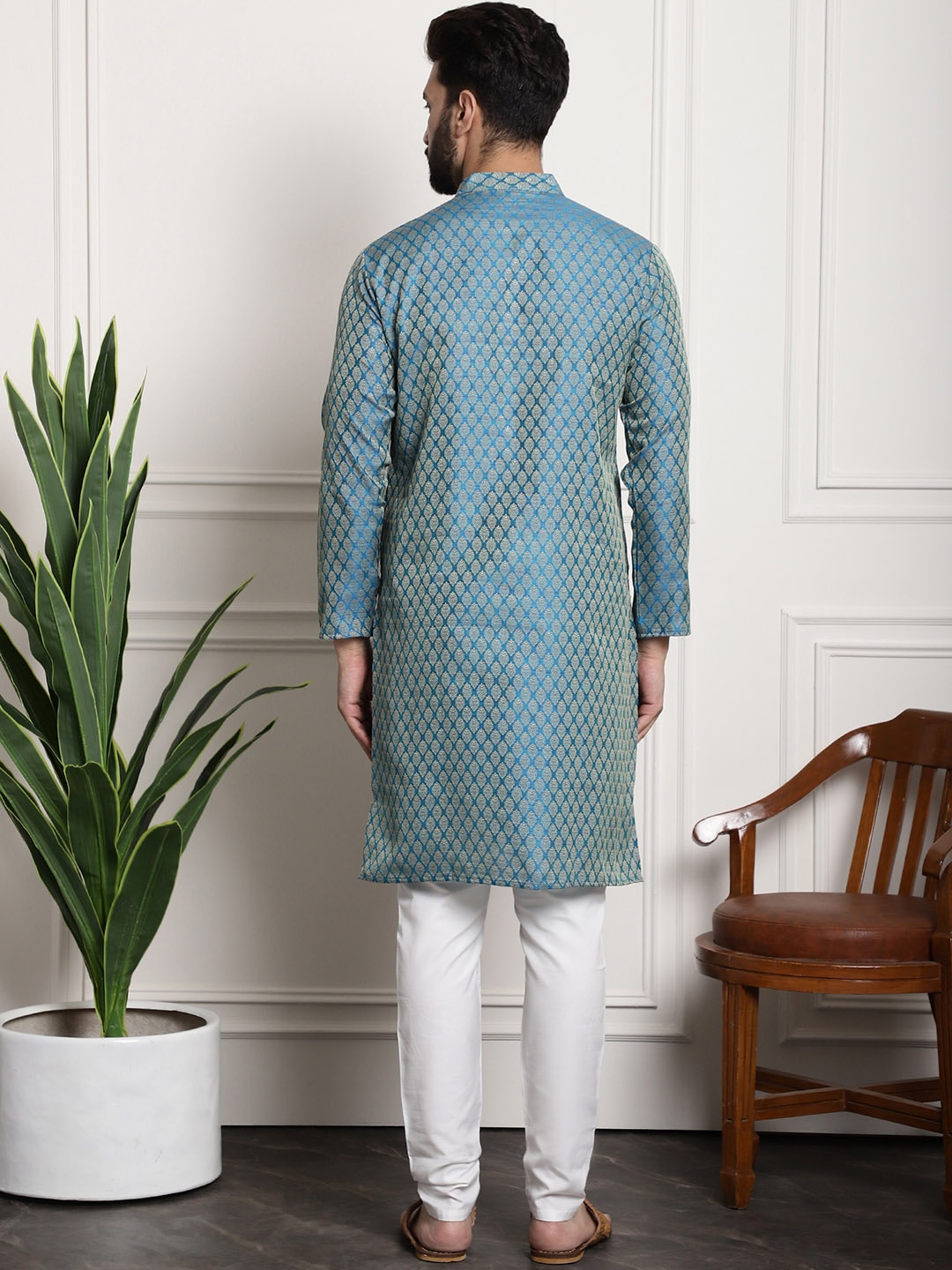 Sojanya Men Blue & Off-White Woven Design Kurta with Churidar | Grocsy