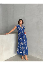 Pimu V-Neck Maxi Dress with Royal-Blue Graphic Print | Grocsy