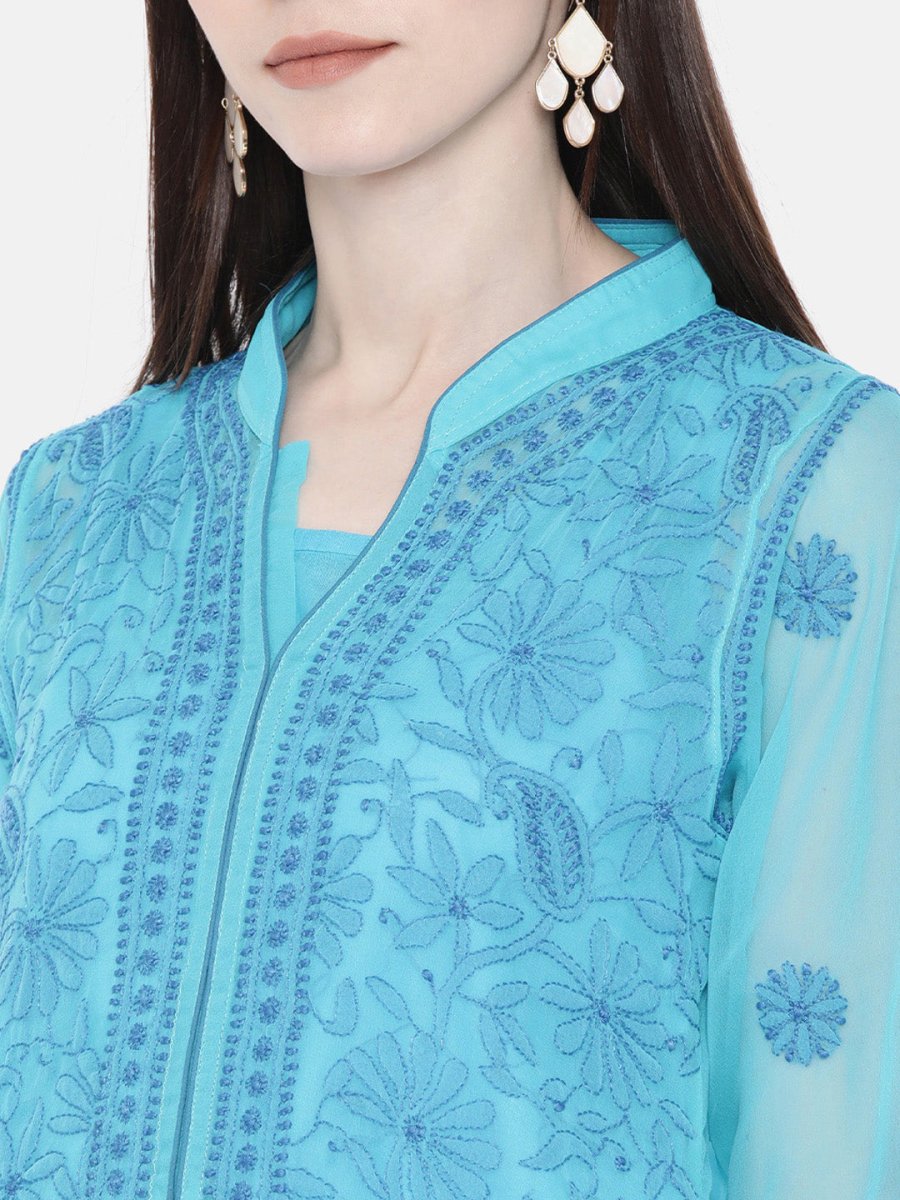 ADA Women Blue Embroidered Lucknow Chikankari Straight Kurta With Slip | Grocsy