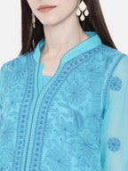 ADA Women Blue Embroidered Lucknow Chikankari Straight Kurta With Slip | Grocsy