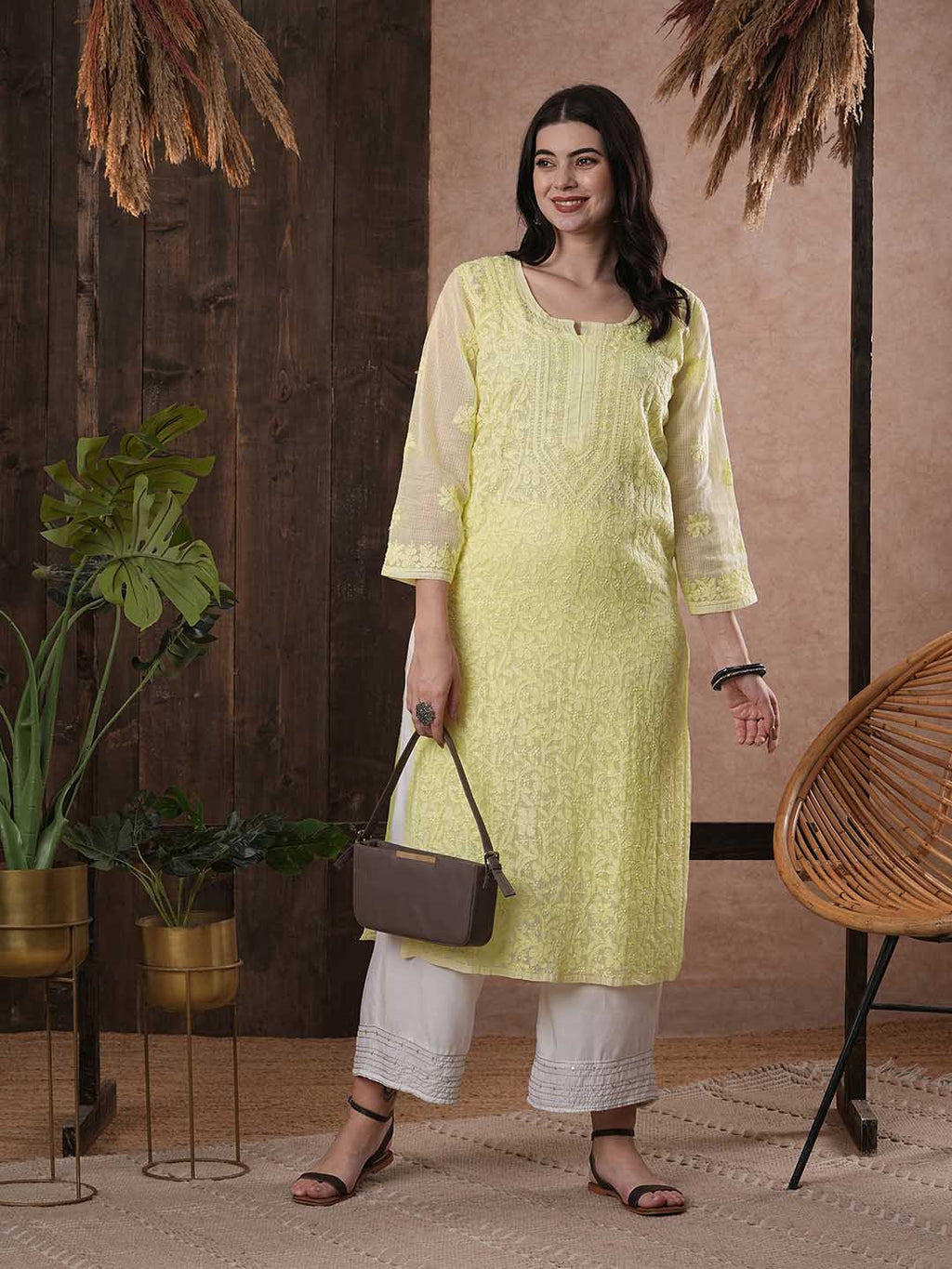 ADA Women Yellow & White Hand Embroidered Chikankari Sustainable Kota Handloom Kurta With Matching Slip | Grocsy