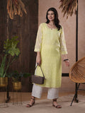 ADA Women Yellow & White Hand Embroidered Chikankari Sustainable Kota Handloom Kurta With Matching Slip | Grocsy