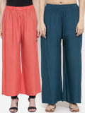 TAG 7 Women Set Of 2 Navy Blue & Peach-Coloured Solid Wide Leg Palazzos | Grocsy