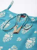 Sangria Women Blue & Golden Ethnic Motifs Printed Kurta with Sharara & Dupatta | Grocsy