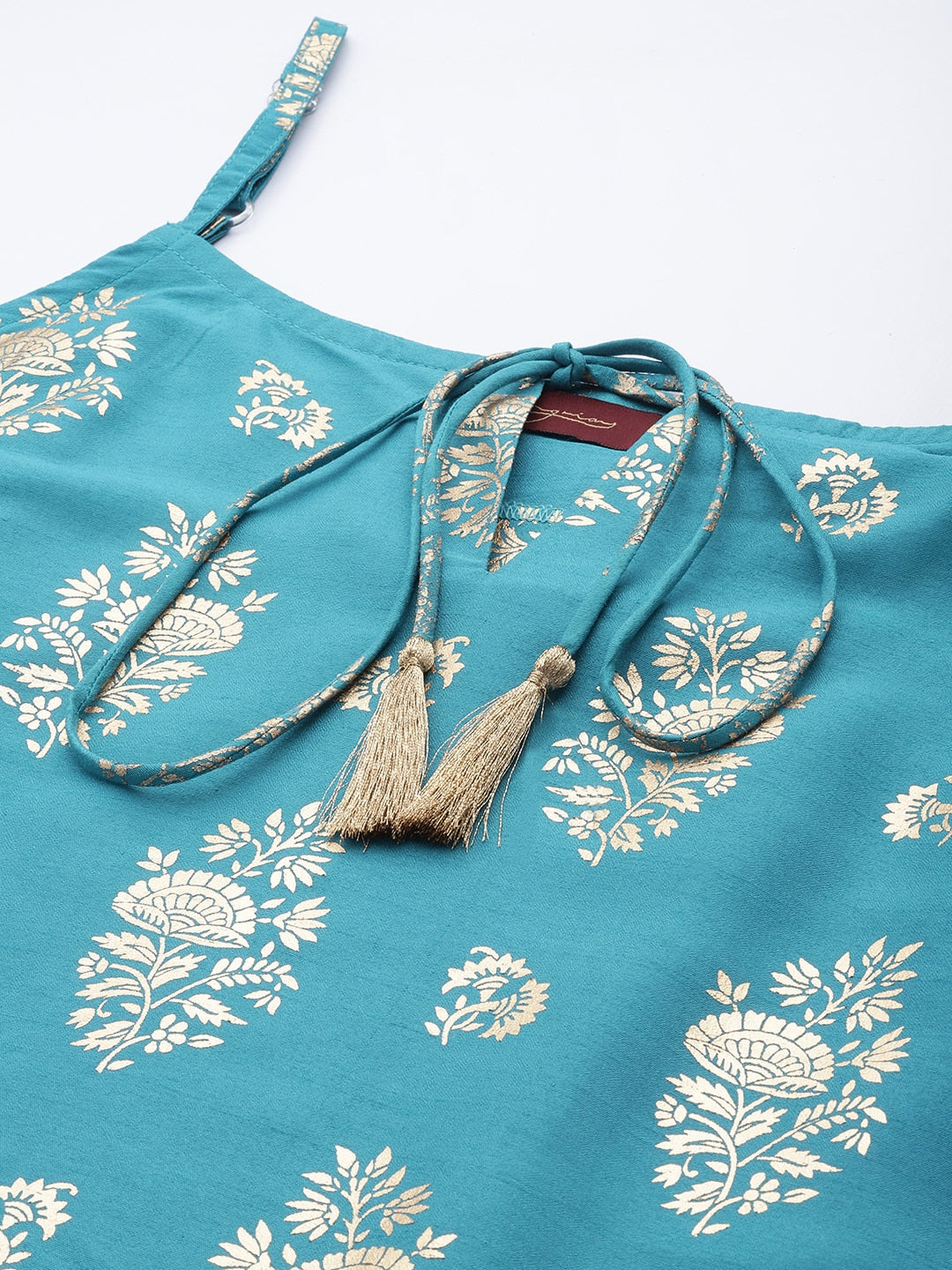Sangria Women Blue & Golden Ethnic Motifs Printed Kurta with Sharara & Dupatta | Grocsy